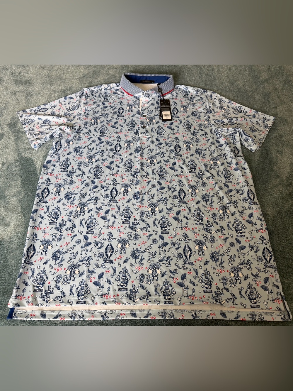 New Greyson Hidden Lakes Campari Polo Shirt Men's XXL Blue Golf Rare Fun Print